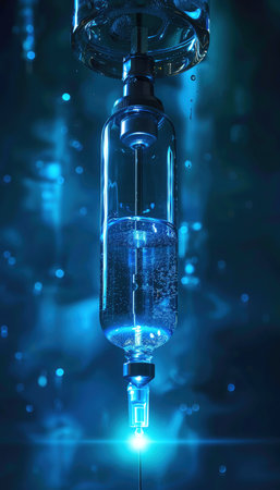 IV drip with glowing blue light, cuttingedge medical technologyの素材