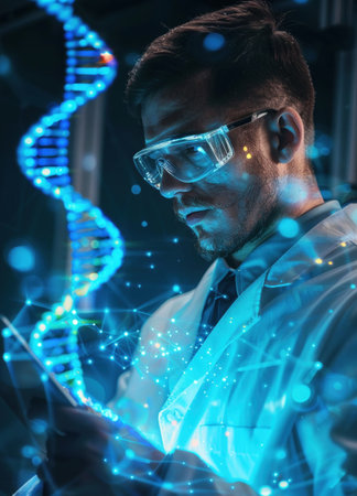Scientist on tablet with DNA helix, laboratory research, glowing blue data, futuristic discoveryの素材