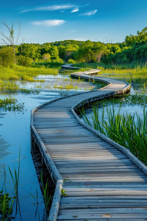 A wooden boardwalk meanders through a vibrant wetland, with lush greenery and a clear blue sky reflecting in the tranquil waters.の素材