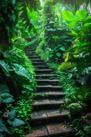 A mystical stairway cuts through a dense garden, its steps flanked by lush greenery, inviting a journey into the unknown.の素材