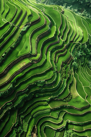 The aerial perspective of terraced rice fields unfolds layers of lush greenery, highlighting agricultural artistry and sustainability.の素材