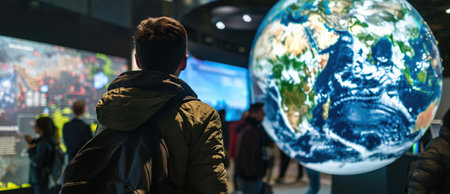 An interactive digital globe display in a tech expo, featuring touch-screen interfaces for exploring innovations across continentsの素材