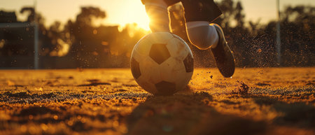 Golden hour soccer match, low angle behind ball at foot poised for goalの素材