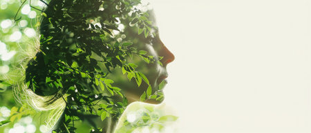 Woman with nature double exposure, green foliage overlay, profile view, artistic conceptの素材