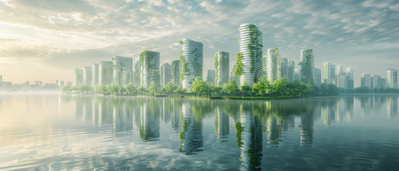A futuristic vision of a green city with modern buildings is beautifully reflected in the calm waters of a lake, symbolizing urban sustainability.の素材