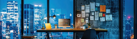 A motivational workspace with vision boards displaying goals and inspirational quotes, framed by urban city views at duskの素材