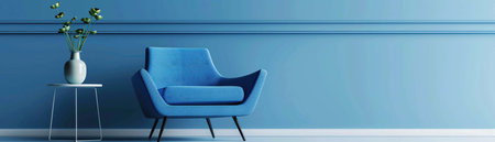 A minimalist interior design featuring a stylish blue armchair and side table against a clean blue wall.の素材
