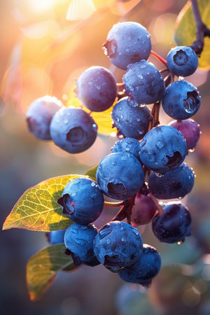 Fresh ripe blueberries clustered on a branch, bathed in the warm glow of sunlight, symbolizing organic produce.の素材