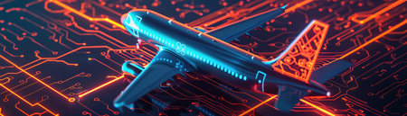 Airplane over circuit board, neon blue-orange, isometric viewの素材
