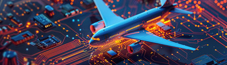 Airplane over circuit board, neon blue-orange, isometric viewの素材