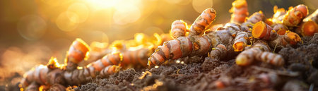 Close-up of vibrant turmeric roots, soft bokeh, warm sunlight, DSLR quality.の素材