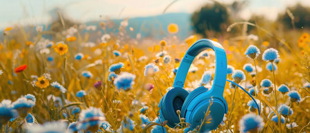 Blue headphones in floral field, bright summer vibe, close foregroundの素材