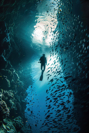 Diver amongst fish school, underwater ballet, light shafts, marine adventureの素材