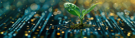 Young plant on a circuit board, green tech concept, side lighting, macro focusの素材