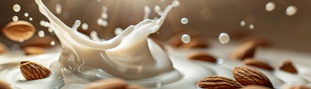 Almond milk splash, high-speed photography, almonds scattering with dropletsの素材