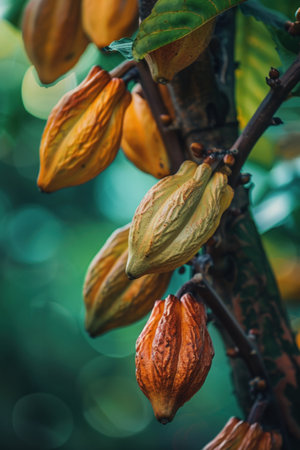 Vibrant cocoa pods on tree, soft focus background, rich color saturationの素材