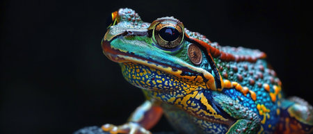 Multicolored frog, close-up, glistening, dark background, sharp focus.の素材