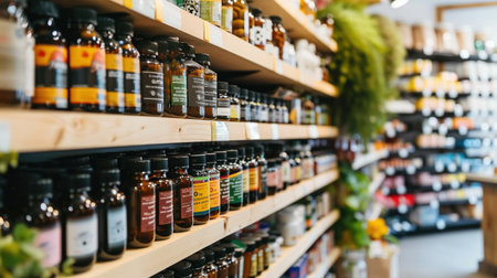 Health store shelves with natural supplements, warm glow, organic wellness products.の素材