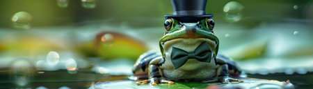 Fashionable frog in a tiny top hat and bowtie, joyful expression, lilypad setting, bright day, macro shotの素材