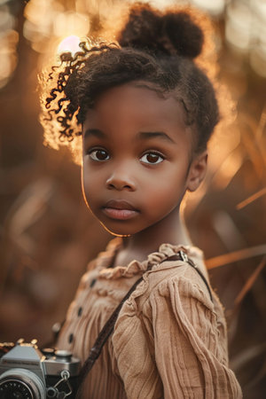 Child with camera, golden hour in savannah, hopeful gaze, storytelling close-upの素材