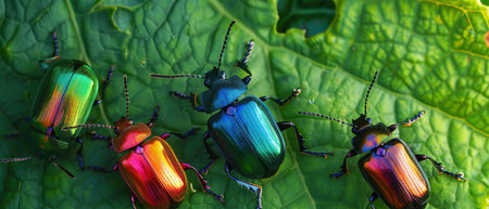 Colorful beetles on a lush green leaf, bright sunlight, high detail, top-down viewの素材