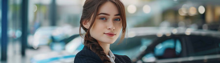 Confident saleswoman, car dealership, professional service, luxury vehicles, customer care.の素材