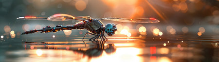 Cybernetic dragonfly hovering over water, reflective surface, sunrise lighting, side angleの素材