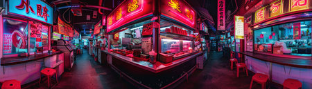 Cyberpunk Tokyo street food stall with digital displays, vibrant neon colors, fisheye lensの素材