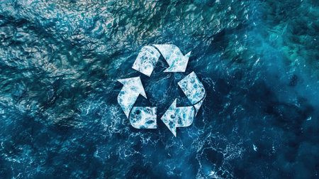 Recycle symbol composed of swirling ocean waters, seen from above, vivid blues, clear dayの素材