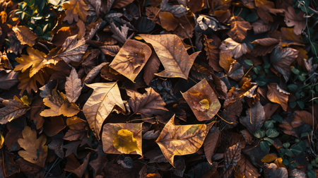 Recycle symbol made of autumn leaves on forest floor, soft morning light, naturalisticの素材