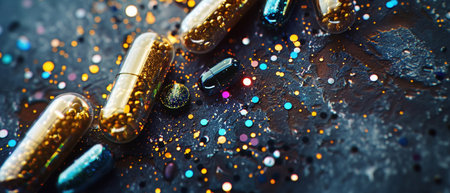 Capsules and glitter on slate, macro detail, pharmaceutical explorationの素材