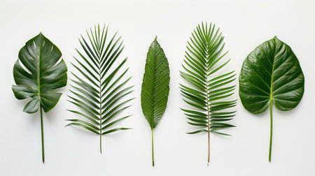 Palm leaves collection, white background, natural gradient, overhead lighting, sharp focus.の素材