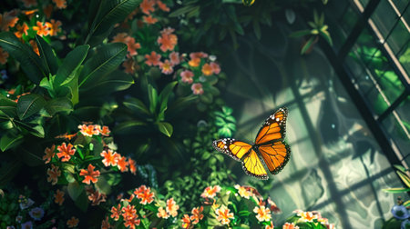 AI-powered butterfly navigating through smart greenhouses, overhead view, vibrant greensの素材