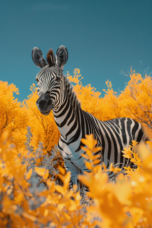 A lone zebra stands out among bright yellow infrared-style flowers under a clear blue sky.の素材