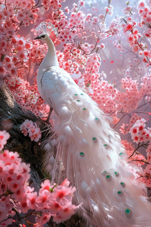 An ethereal white peacock amid pink cherry blossoms creates a dreamlike atmosphere in a fantastical setting.の素材