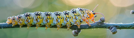 Caterpillar with patterned skin on a branch, soft natural lighting, macro perspective, serene moodの素材