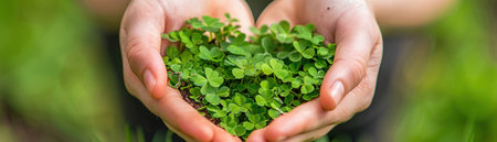 Heart-shaped clover in hands, close-up, nature's embrace, vibrant greenの素材