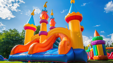 Inflatable castle in sunny park, vibrant joy, playtime fun, colorful leisure, clear dayの素材