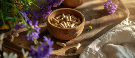 Herbal capsules and flowers, natural medication, alternative therapy, wooden bowl.の素材