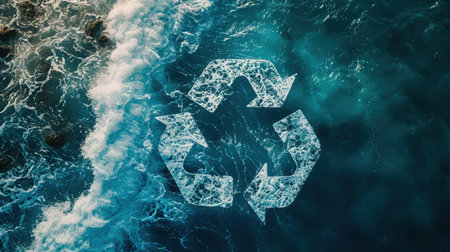 Recycle symbol composed of swirling ocean waters, seen from above, vivid blues, clear dayの素材