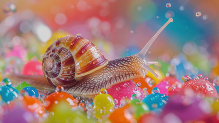 Snail with candy shell, macro, whimsical droplets, sugar rushの素材