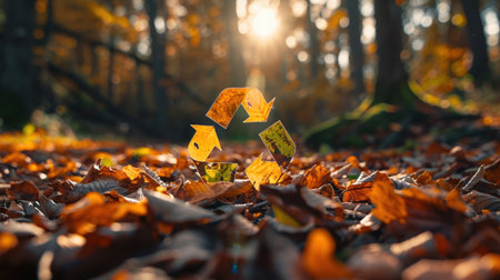 Recycle symbol made of autumn leaves on forest floor, soft morning light, naturalisticの素材