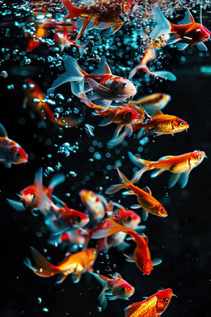 A bunch of ripe one fish, with water droplets, falling into a deep black water tank, creating a colorful contrast and intricate splash patterns.の素材