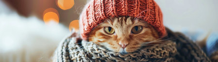Cat in knit hat, quirky pet fashion, winter warmth trend.の素材