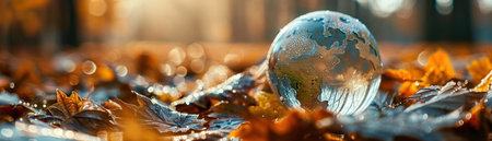 Globe resting on dewy leaves, conservation symbol, morning light, macro shot.の素材