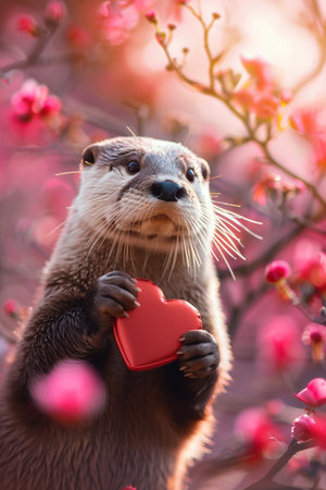 Otter holding heart, wide-eyed, soft focus, dreamy bokeh flowersの素材