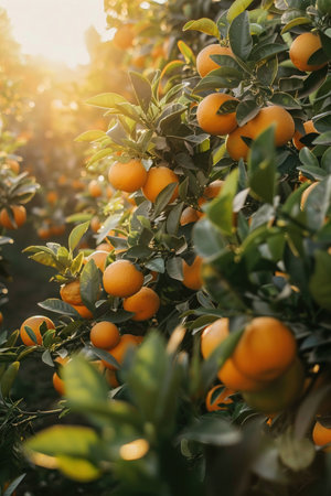 Lush orange orchard, birds-eye view, sunlit leaves.の素材