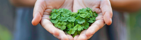 Heart-shaped clover in hands, close-up, nature's embrace, vibrant greenの素材
