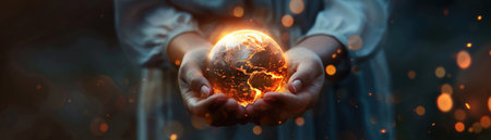 Hands holding glowing Earth, dark setting, hope concept, careful embrace.の素材