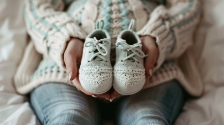 Holding baby shoes, belly close-up, homey bedroom, soft focus, expectant joy.の素材